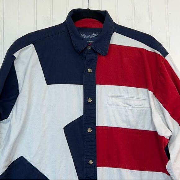 90's Wrangler Western Shirt Texas Flag Button Down Long Sleeve Red White Blue L - Picture 3 of 15